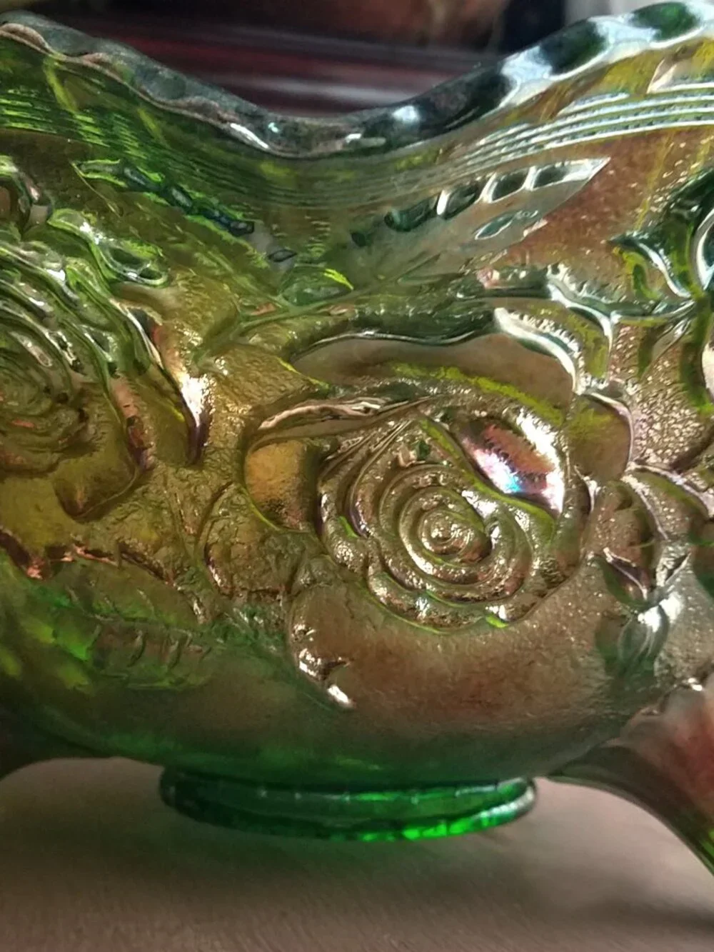 Antique Imperial Carnival Glass Lustre Rose Helios Green Iridescent 11